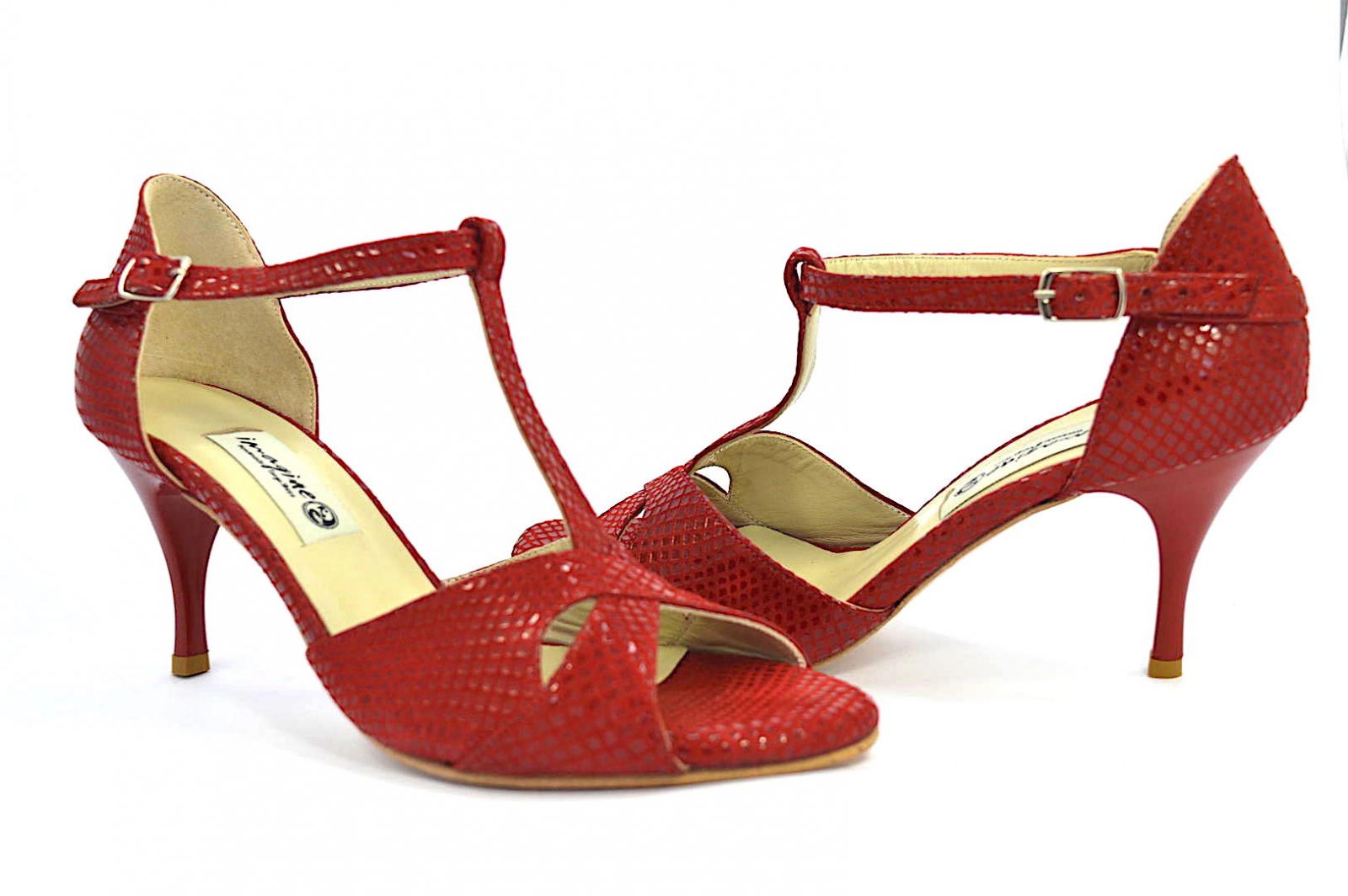Γυναικείο παπούτσι tango peep toe από κόκκινο δέρμα φίδι