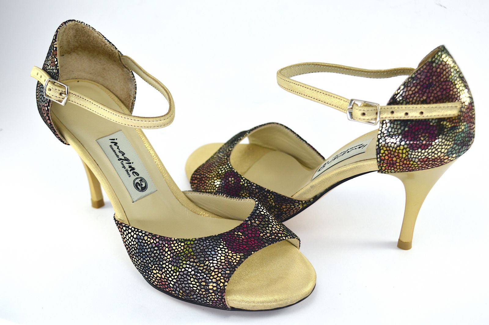 Women's  tango shoe, open toe, in gold with colourful floral leather