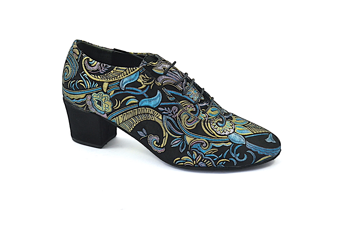 Women's Argentine Tango Shoe, oxford style, by very soft black suede leather and golden-blue prints.
