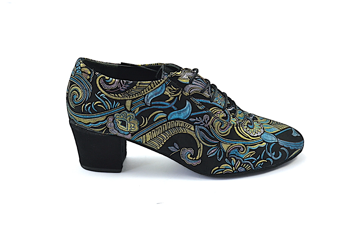 Women's Argentine Tango Shoe, oxford style, by very soft black suede leather and golden-blue prints.