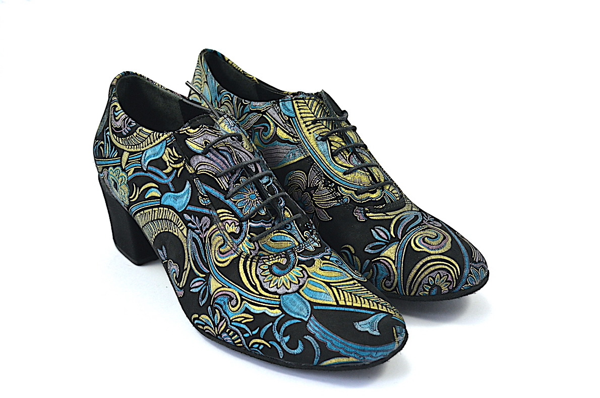 Women's Argentine Tango Shoe, oxford style, by very soft black suede leather and golden-blue prints.