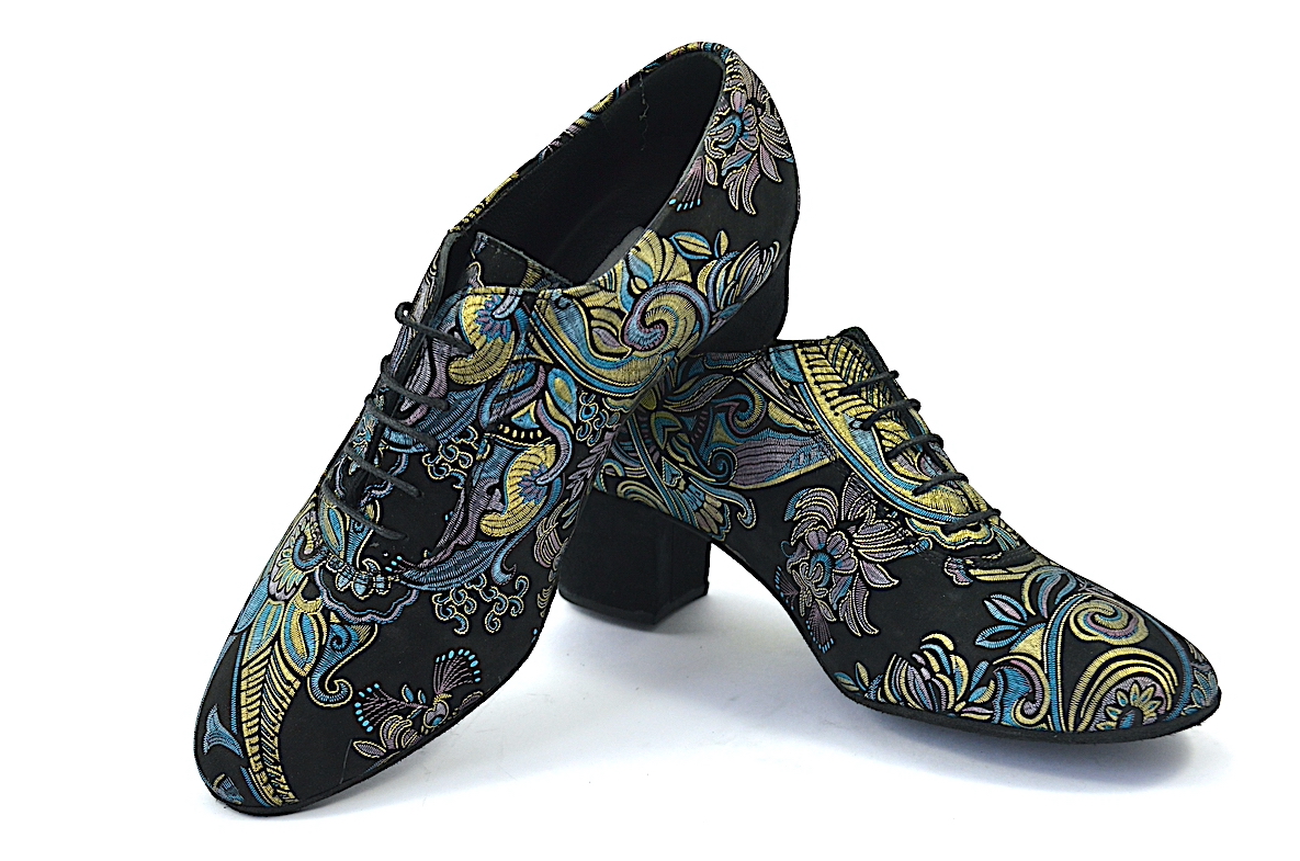 Women's Argentine Tango Shoe, oxford style, by very soft black suede leather and golden-blue prints.