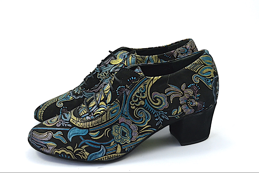 Women's Argentine Tango Shoe, oxford style, by very soft black suede leather and golden-blue prints.