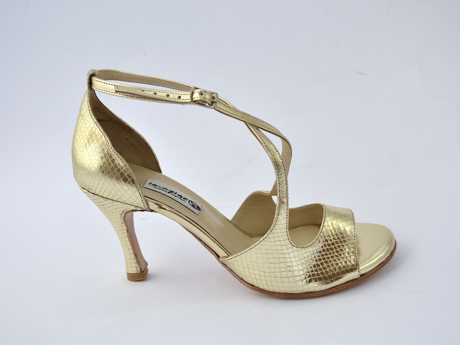 Women's Argentine Tango dance Shoes, open toe in gold faux snake leather.