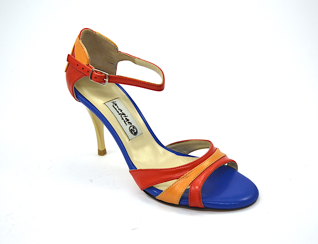 Women's tango shoe, open toe, in blue-red-orange leather