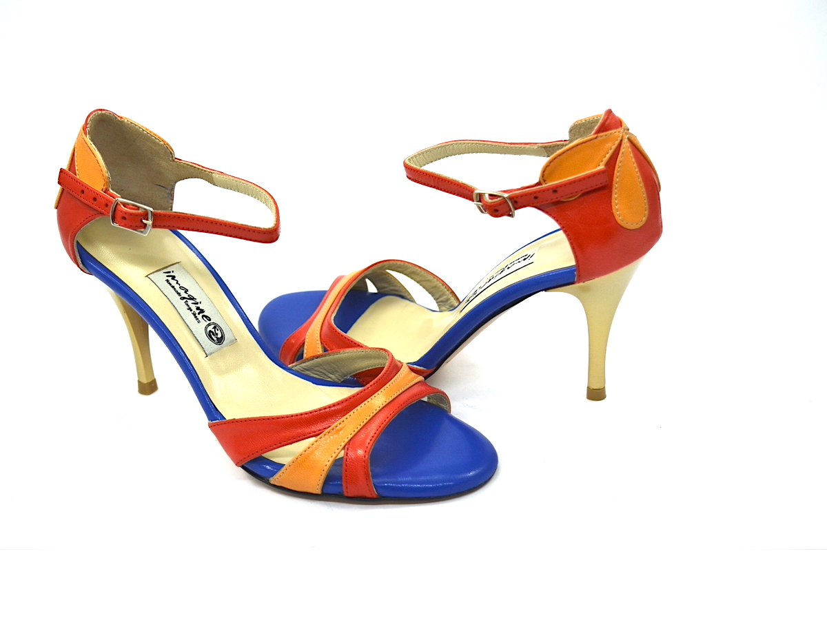 Women's tango shoe, open toe, in blue-red-orange leather
