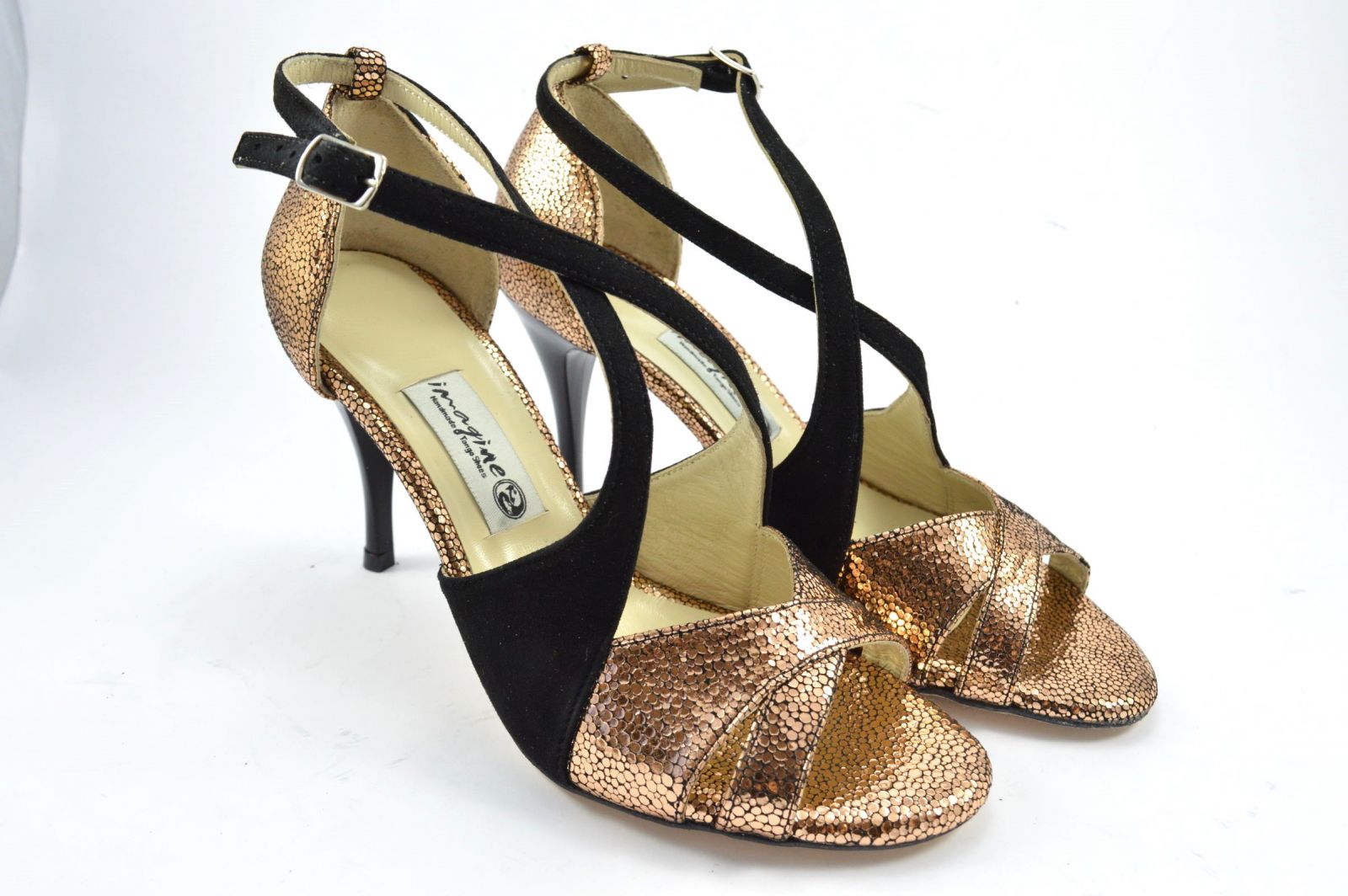Γυναικείο παπούτσι tango open toe από μπρονζέ φολιδωτό δέρμα και μαύρο δέρμα σουέτ