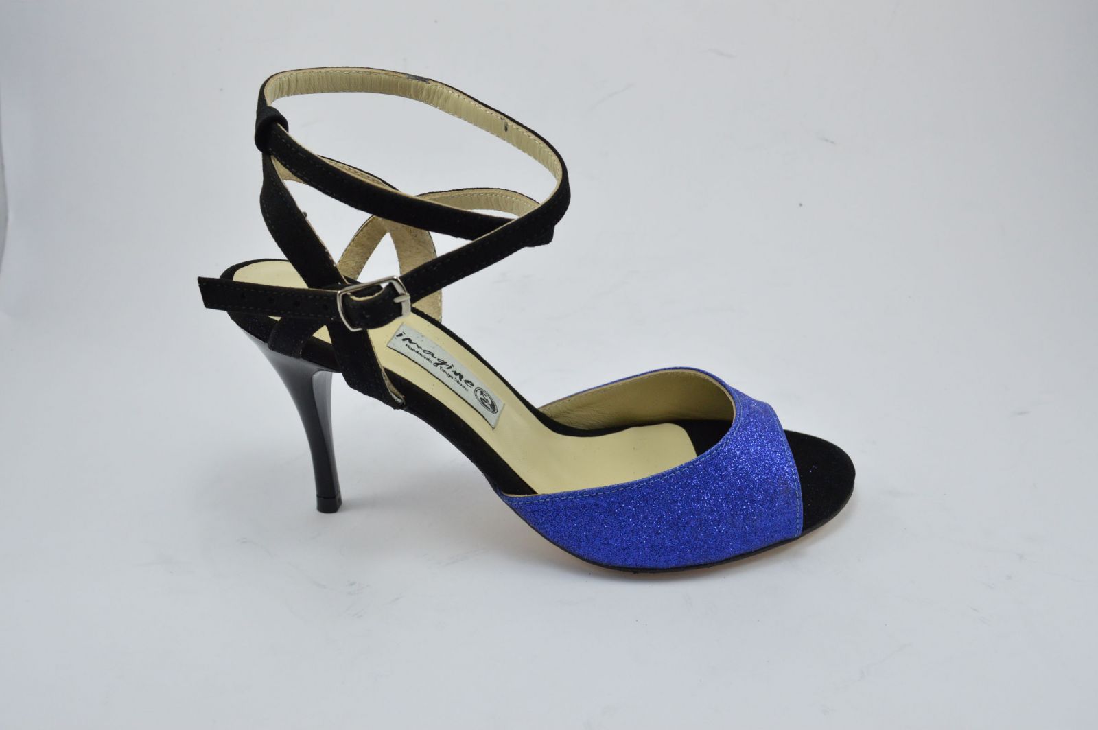 Women's tango shoe, open heel, in black suede leather and royal blue glitter