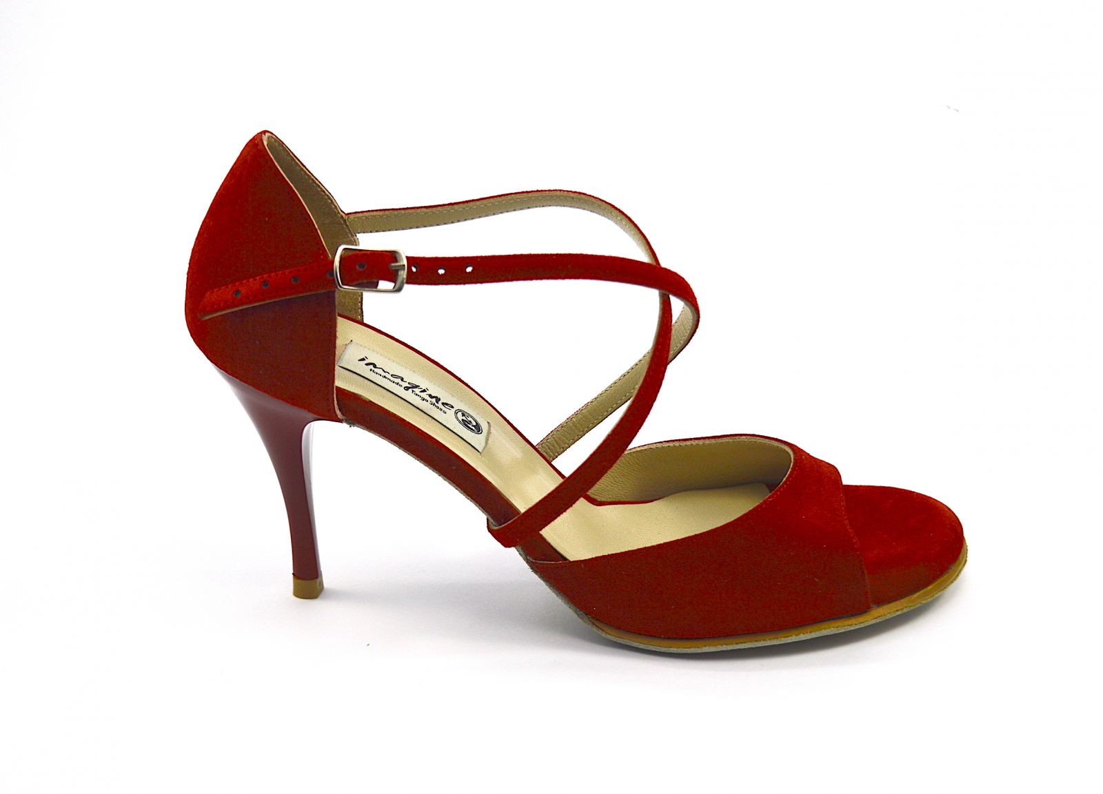 Women's tango shoe, open toe, in red suede leather