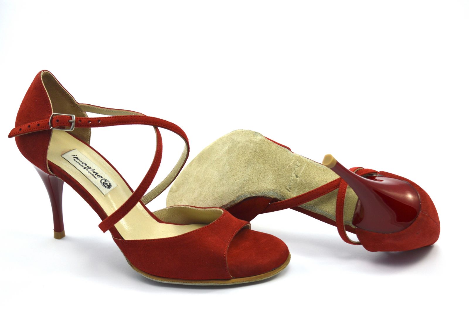 Women's tango shoe, open toe, in red suede leather