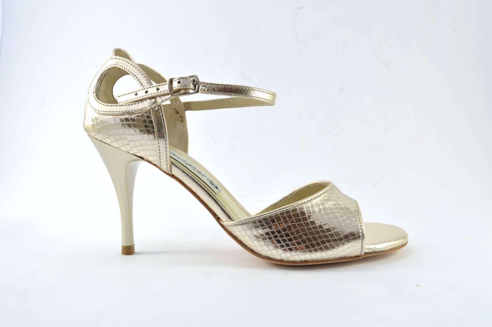 Women argentine tango dance shoes, in faux snake gold leather 