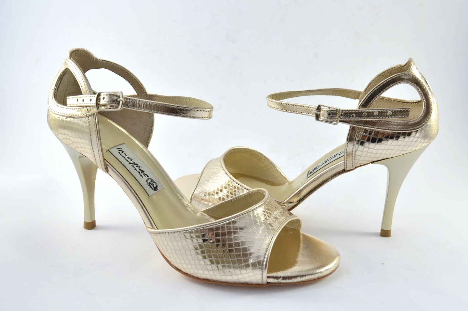 Women argentine tango dance shoes, in faux snake gold leather 