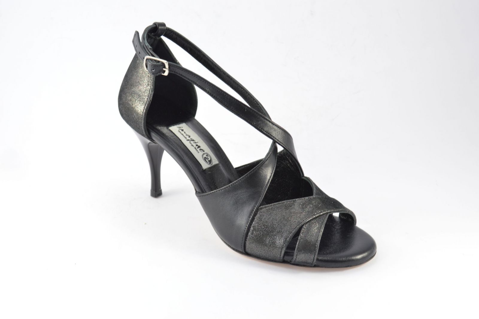 Γυναικείο παπούτσι tango, peep toe, από μαύρο δέρμα και μαύρο δέρμα πέρλα.