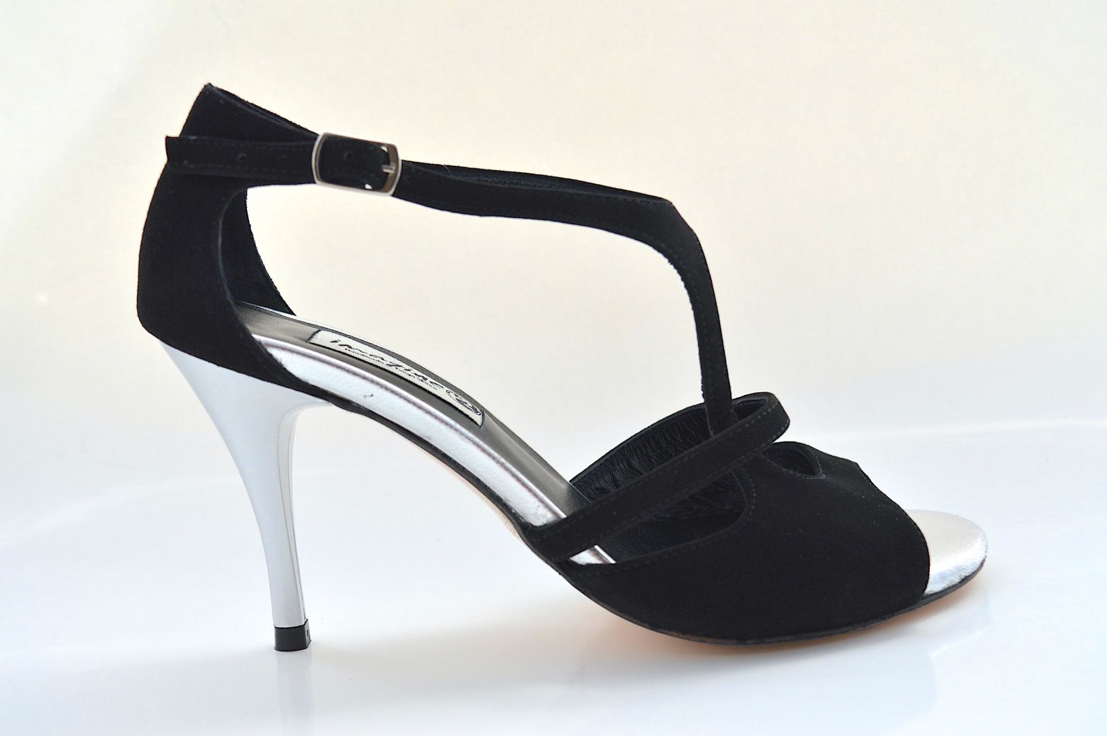 Women's argentine tango dance shoes, open toe in black suede leather 