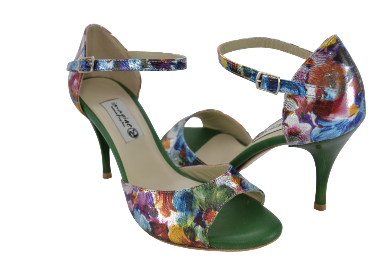 Women's tango shoes in a unique multi-coloured floral leather