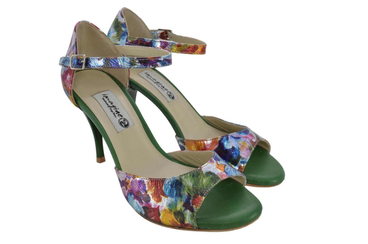 Women's tango shoes in a unique multi-coloured floral leather