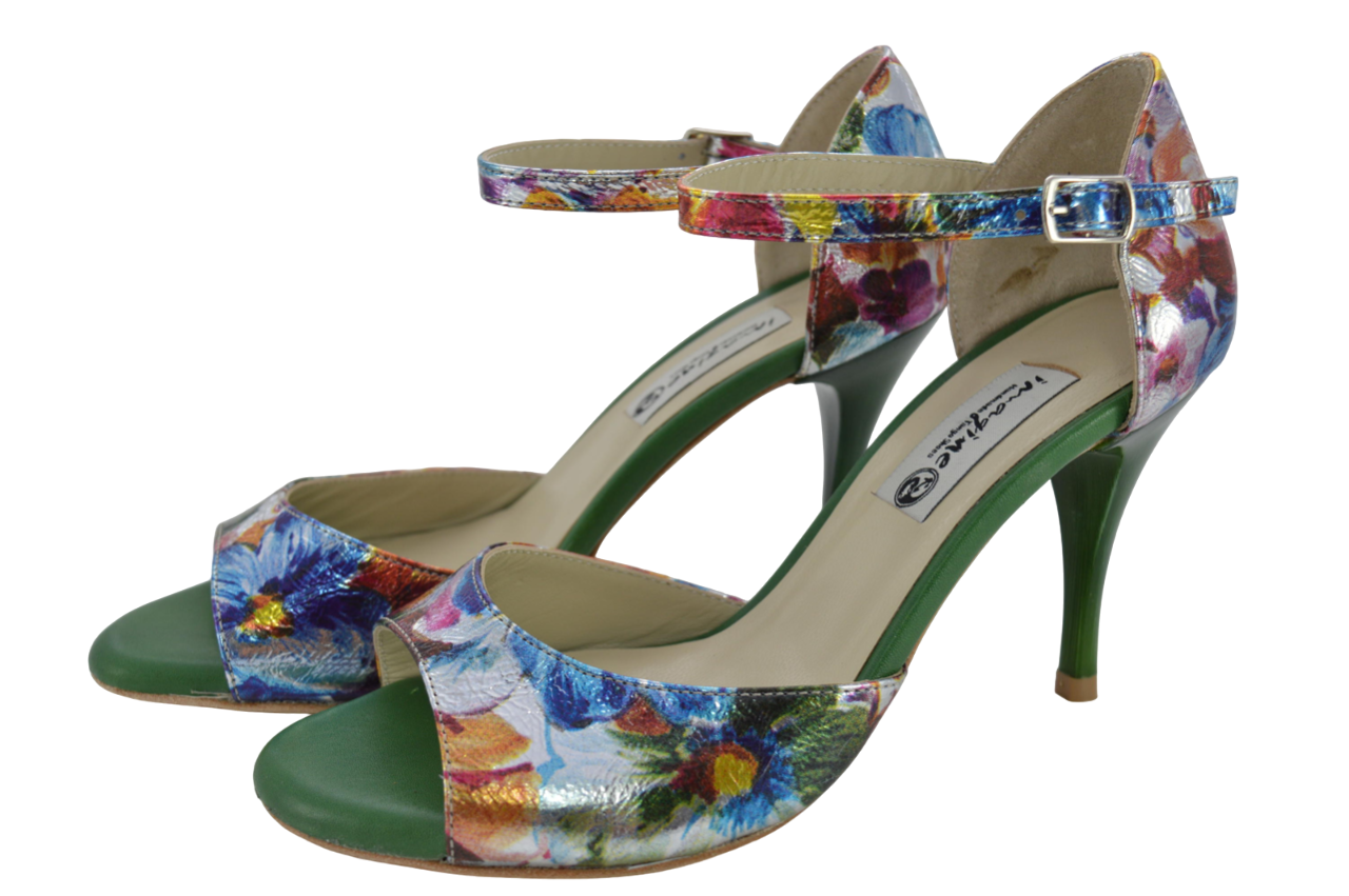 Women's tango shoes in a unique multi-coloured floral leather
