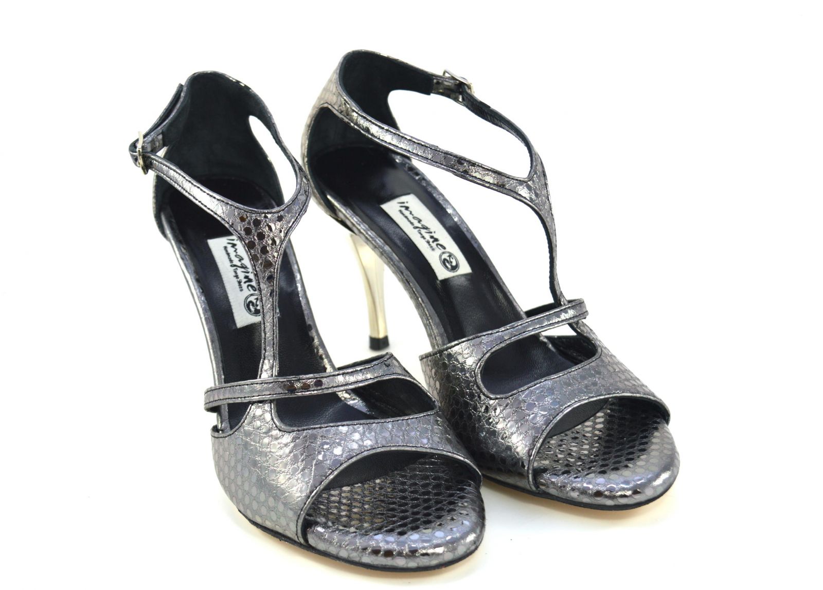 Γυναικείο παπούτσι tango open toe με λοξό λουράκι από ασημί δέρμα φίδι