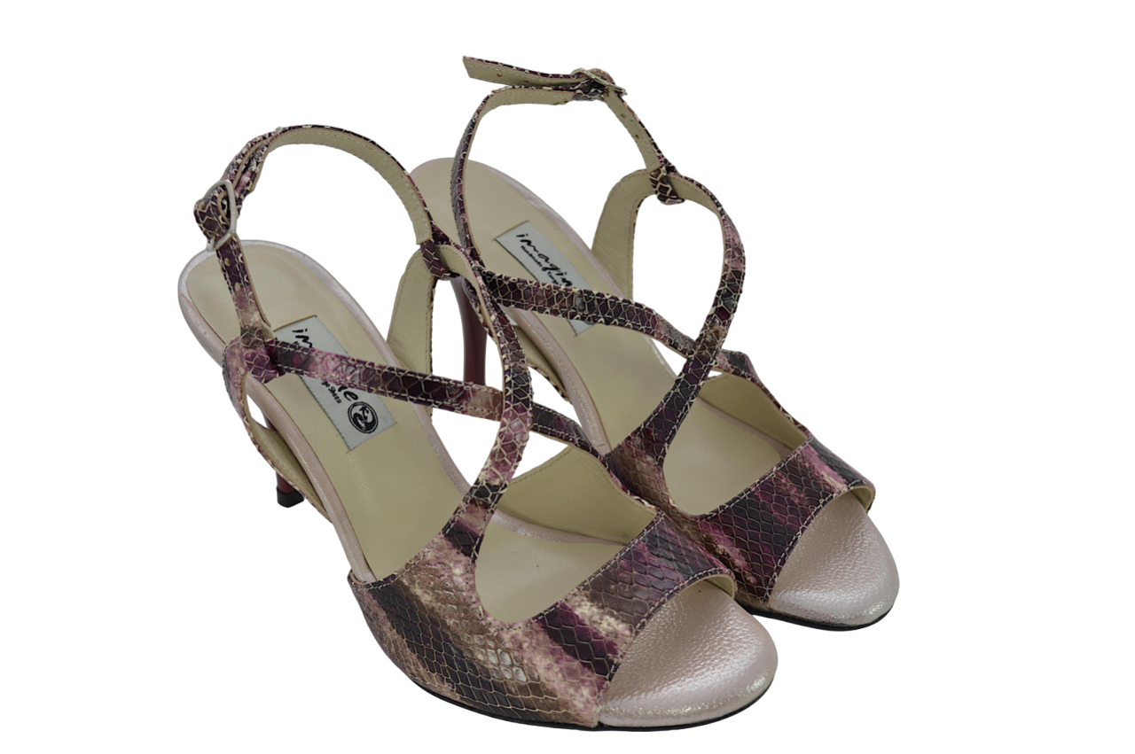 Γυναικείο παπούτσι τάνγκο, ξώφτερνο, από δέρμα φίδι ροζ-μπορντό