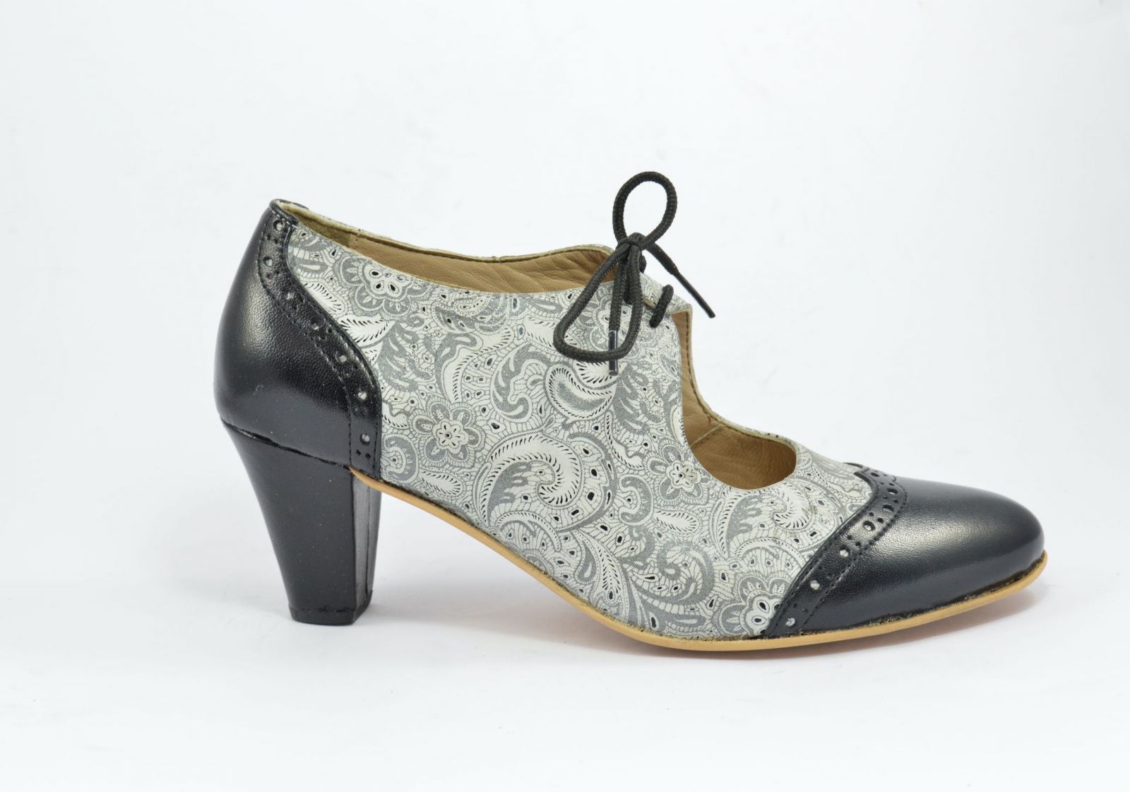 Women's Argentine Tango Shoe, closed style, by soft black leather and grey paisley leather