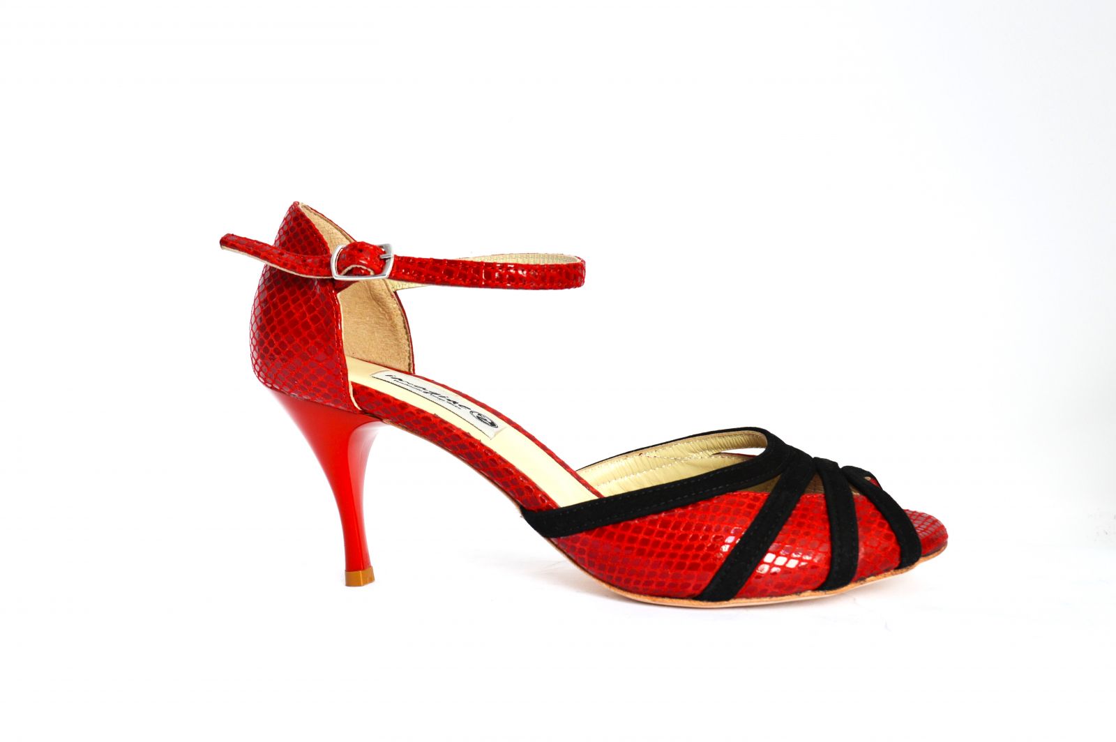 Women's Tango Shoe, peep toe style, with impressive red snake leather and black suede