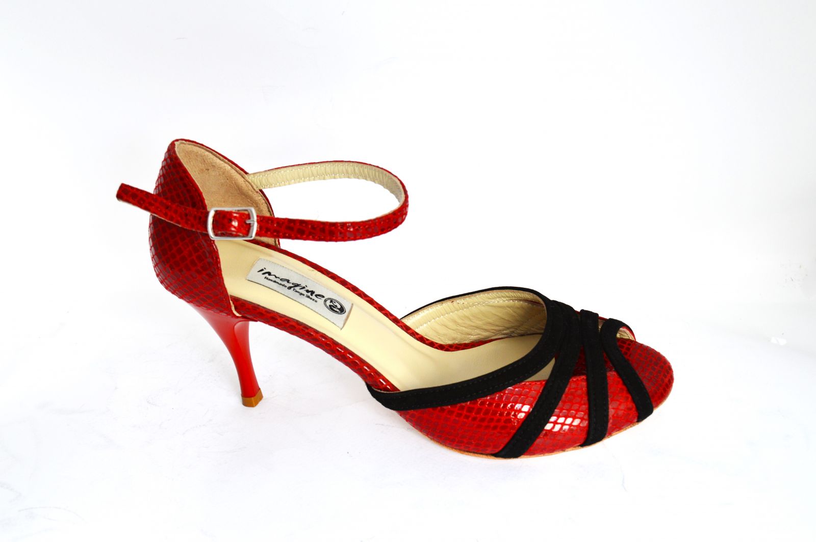 Women's Tango Shoe, peep toe style, with impressive red snake leather and black suede