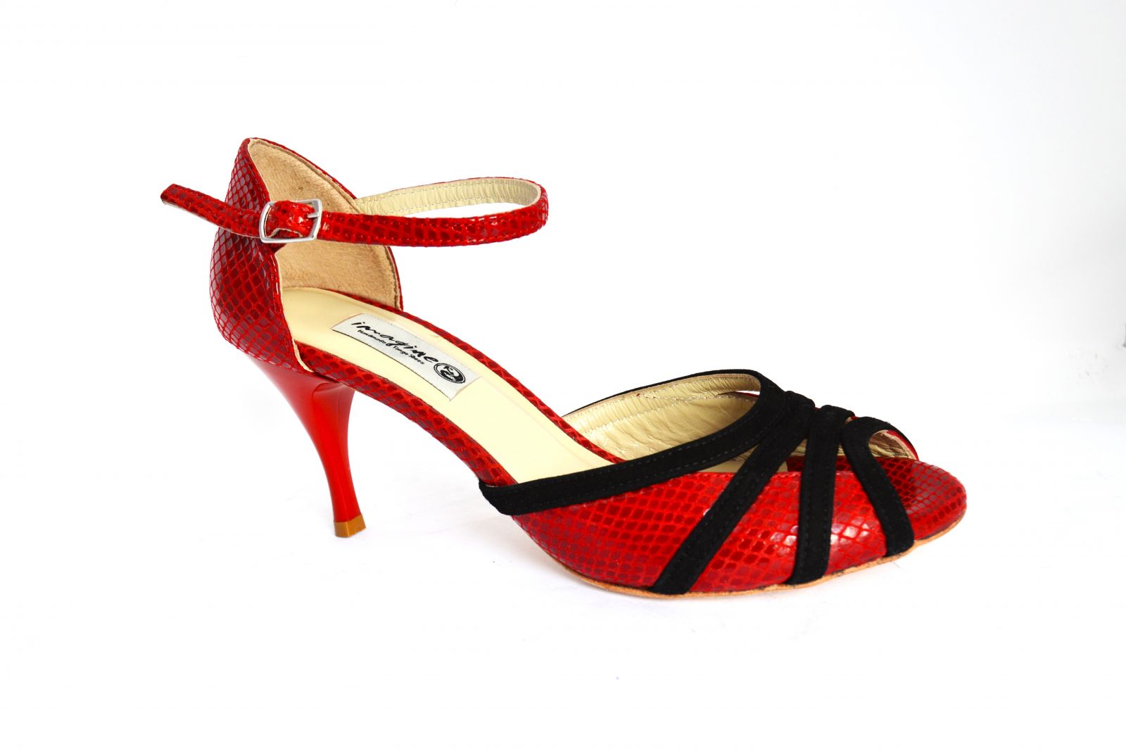 Women's Tango Shoe, peep toe style, with impressive red snake leather and black suede
