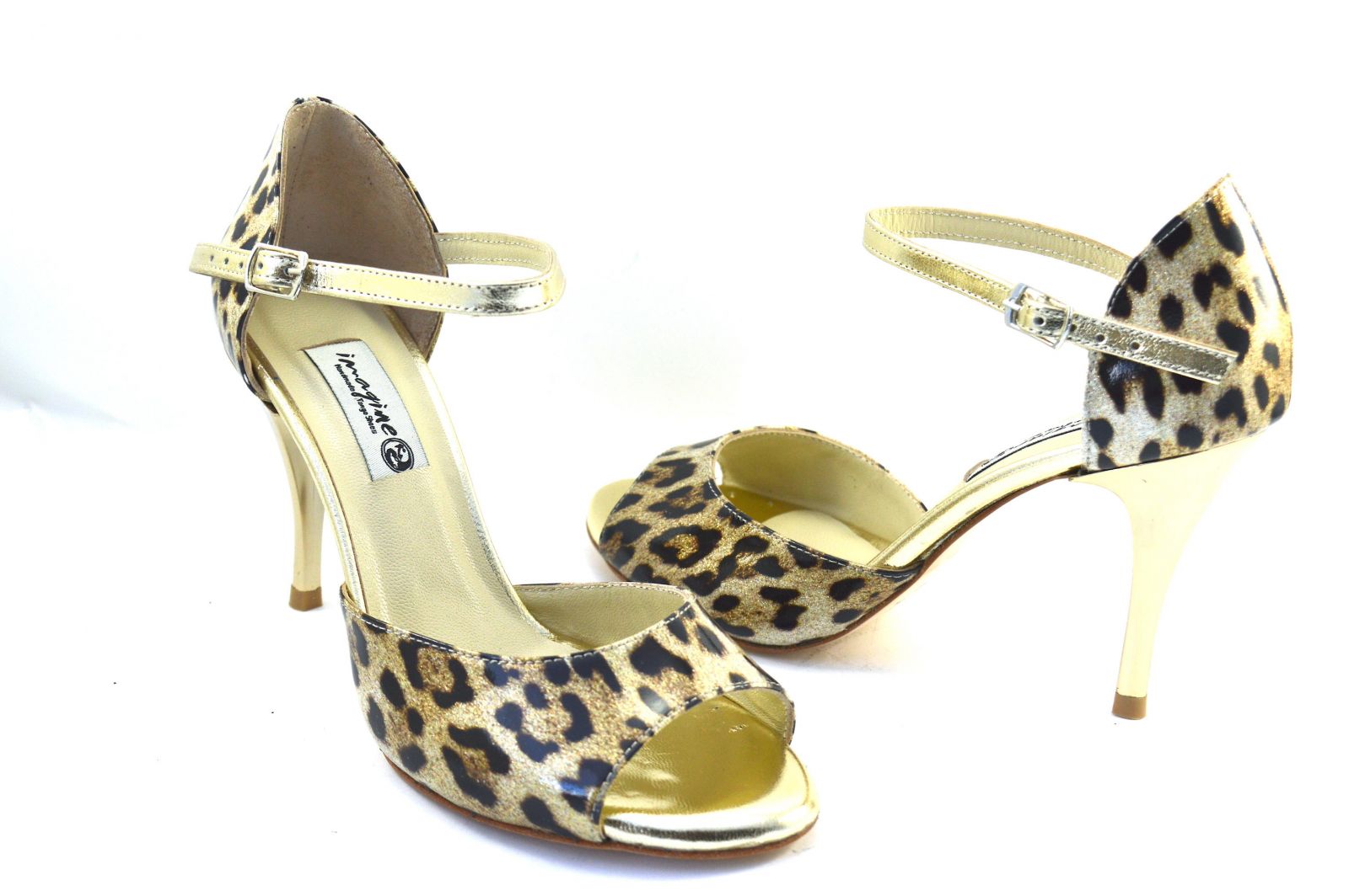 Women Argentine Tango Shoe, by gold and leopard patent leather