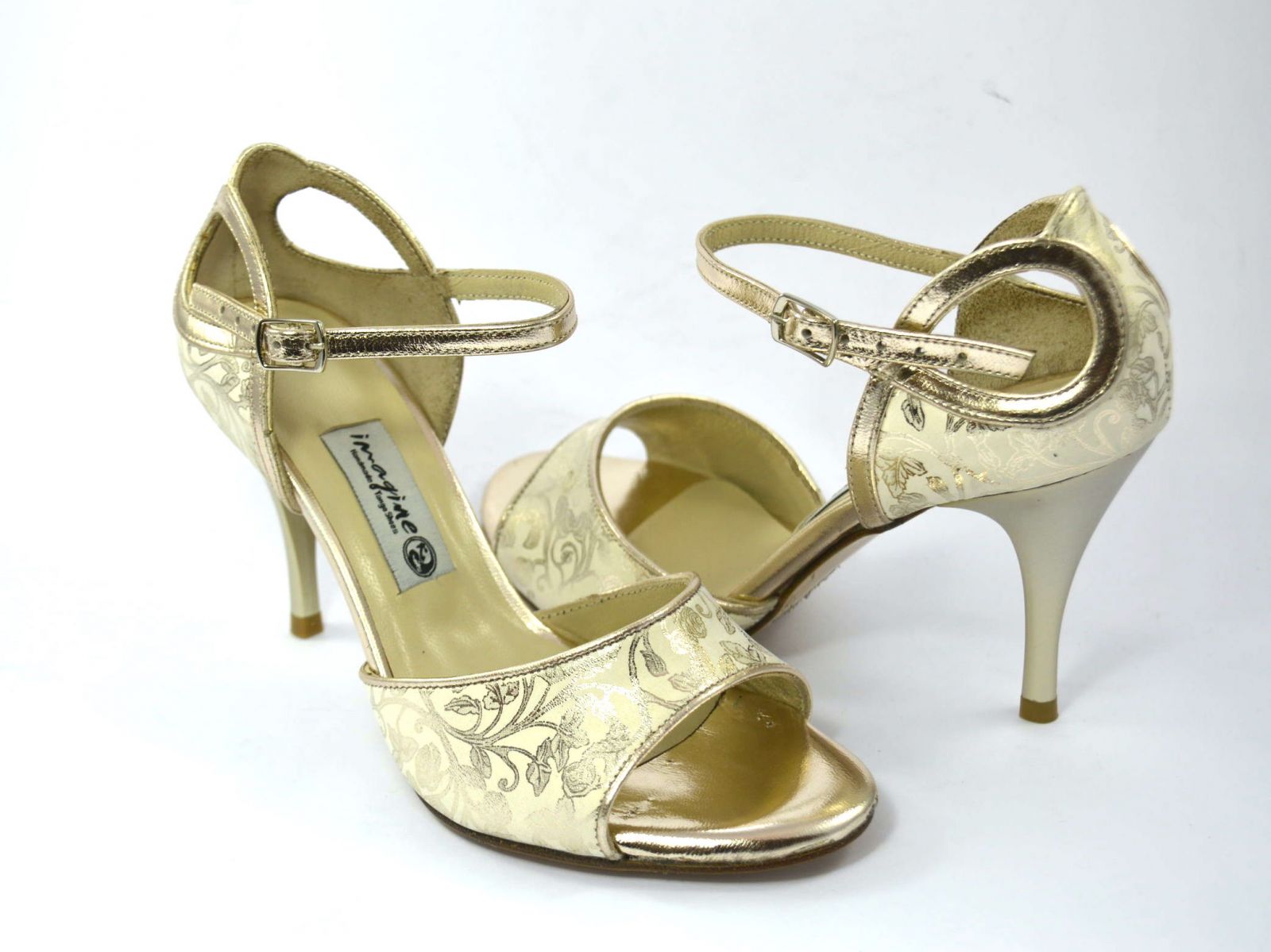 Women argentine tango dance shoes, in Paisley beige and gold leather