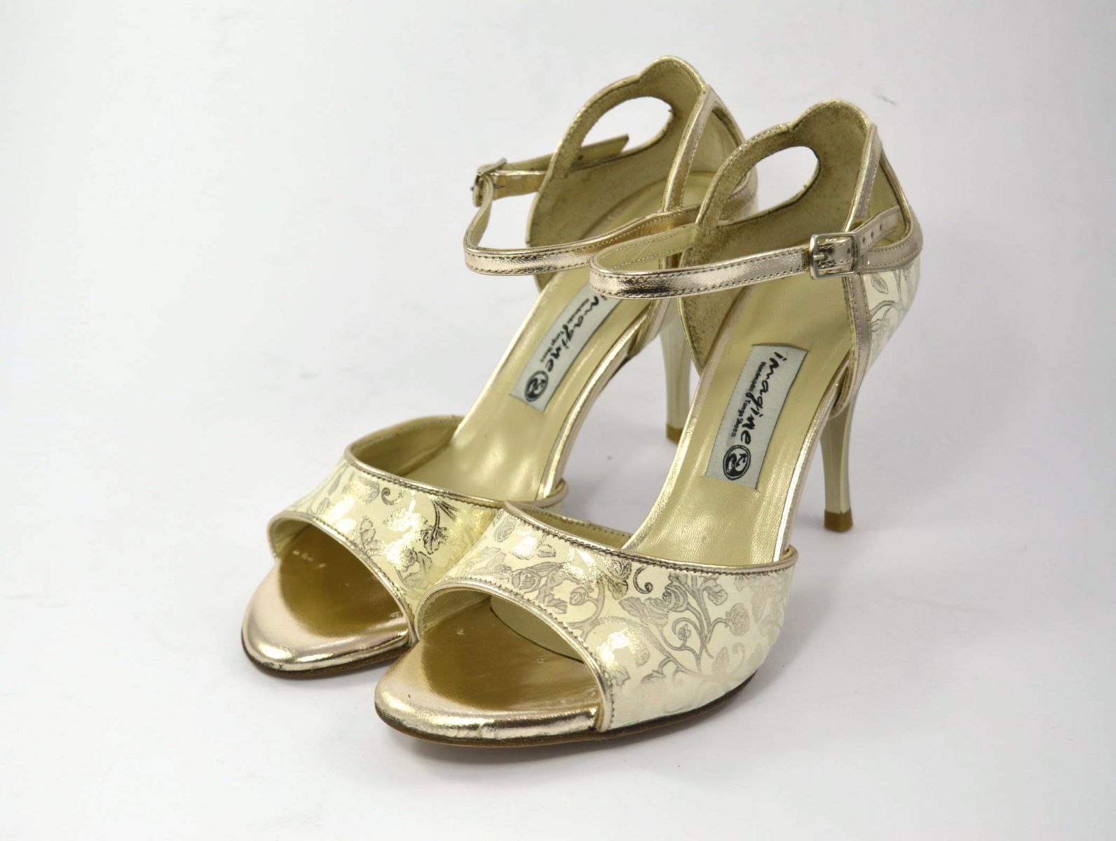 Women argentine tango dance shoes, in Paisley beige and gold leather