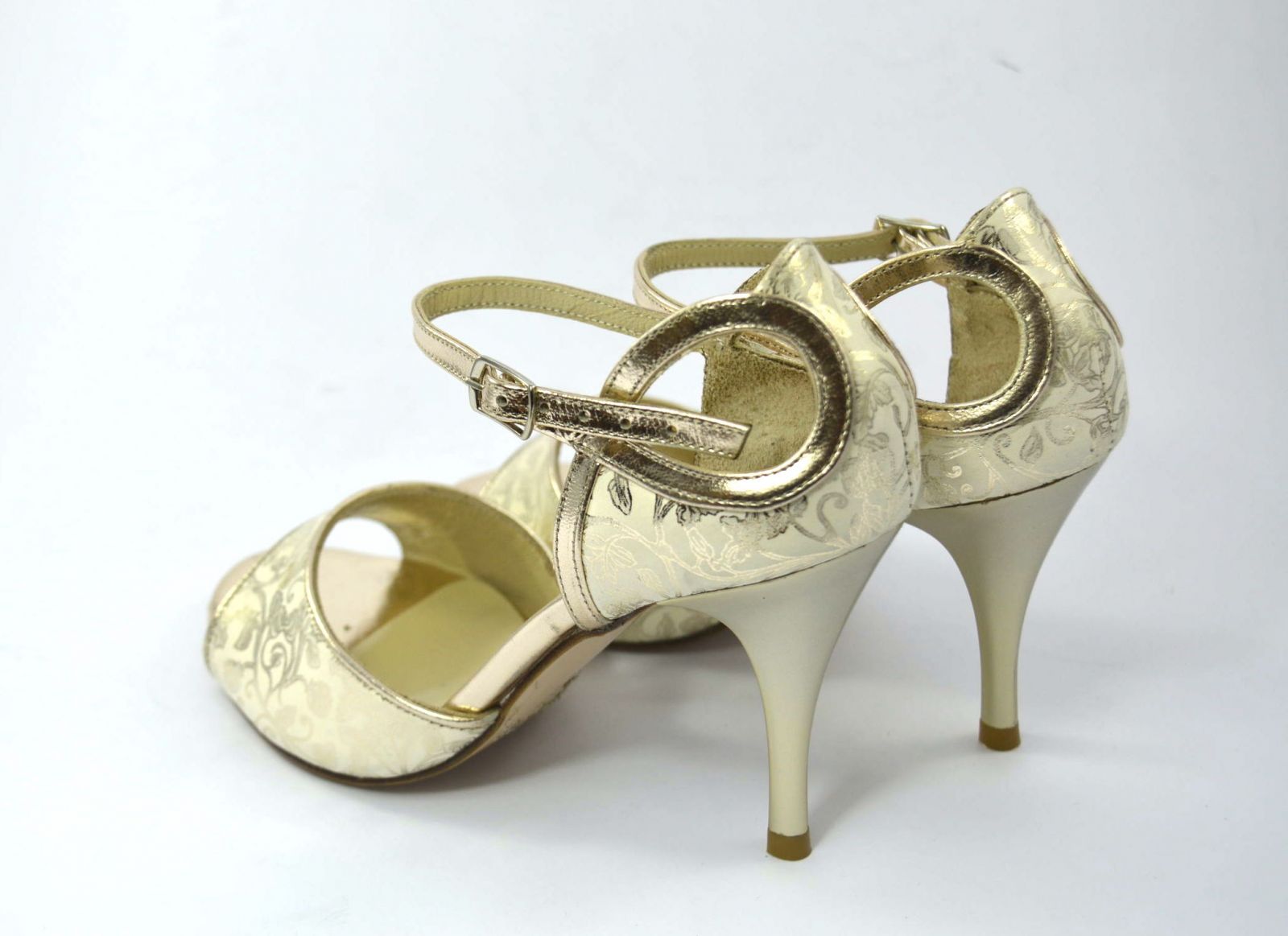 Women argentine tango dance shoes, in Paisley beige and gold leather