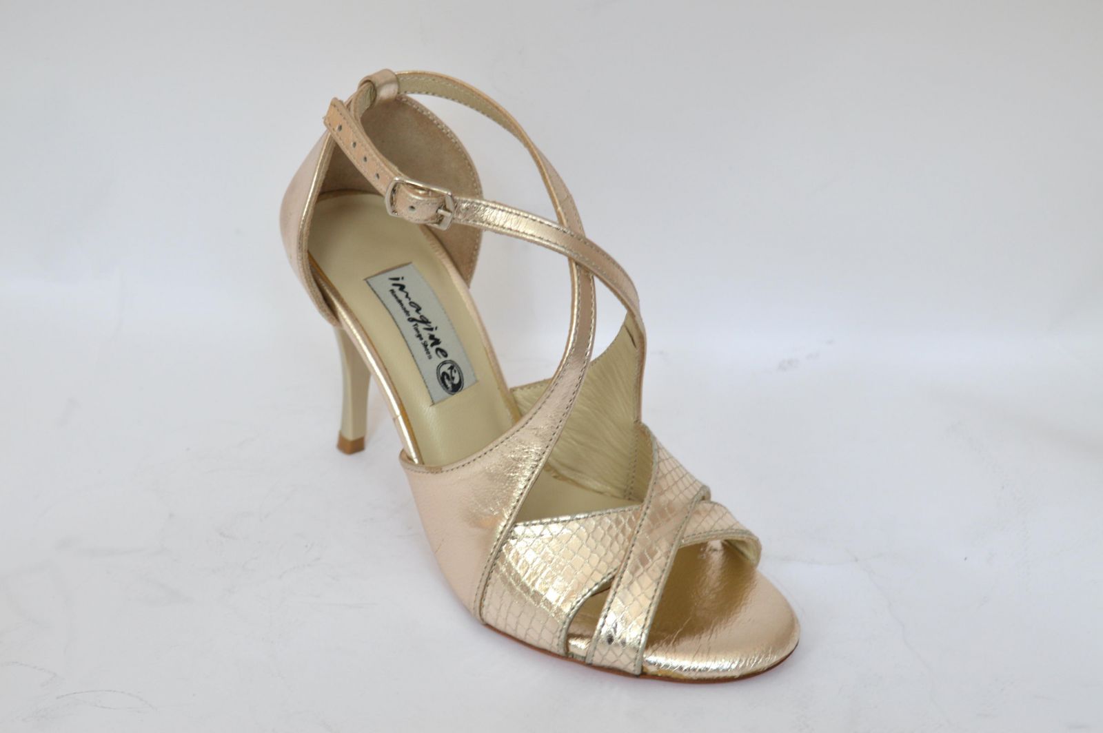 Γυναικείο παπούτσι tango open toe από χρυσό δέρμα και χρυσό δέρμα φίδι
