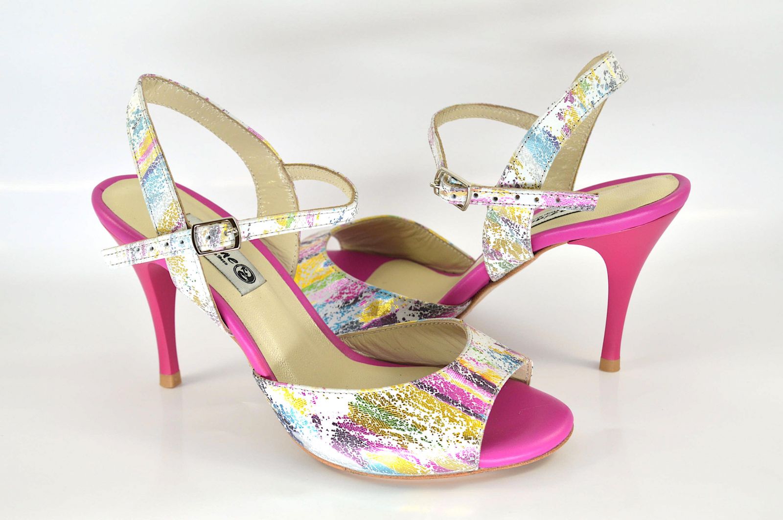 Women argentine tango dance shoes, in multi-colored and fuchsia leather