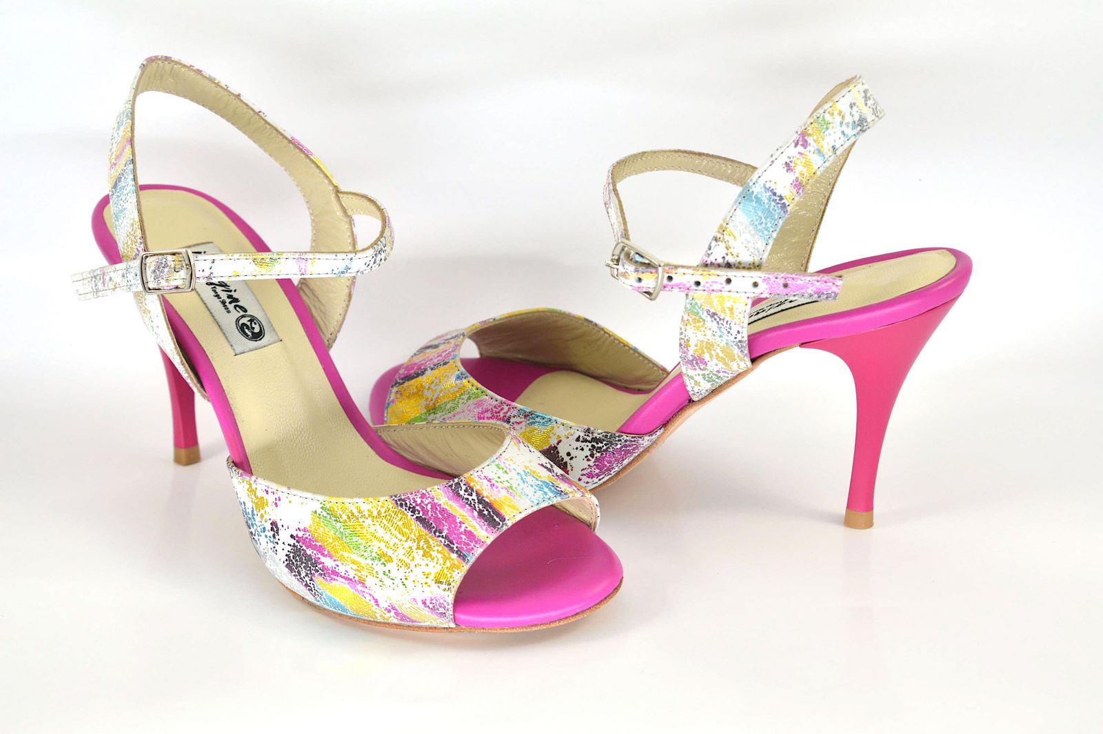 Women argentine tango dance shoes, in multi-colored and fuchsia leather