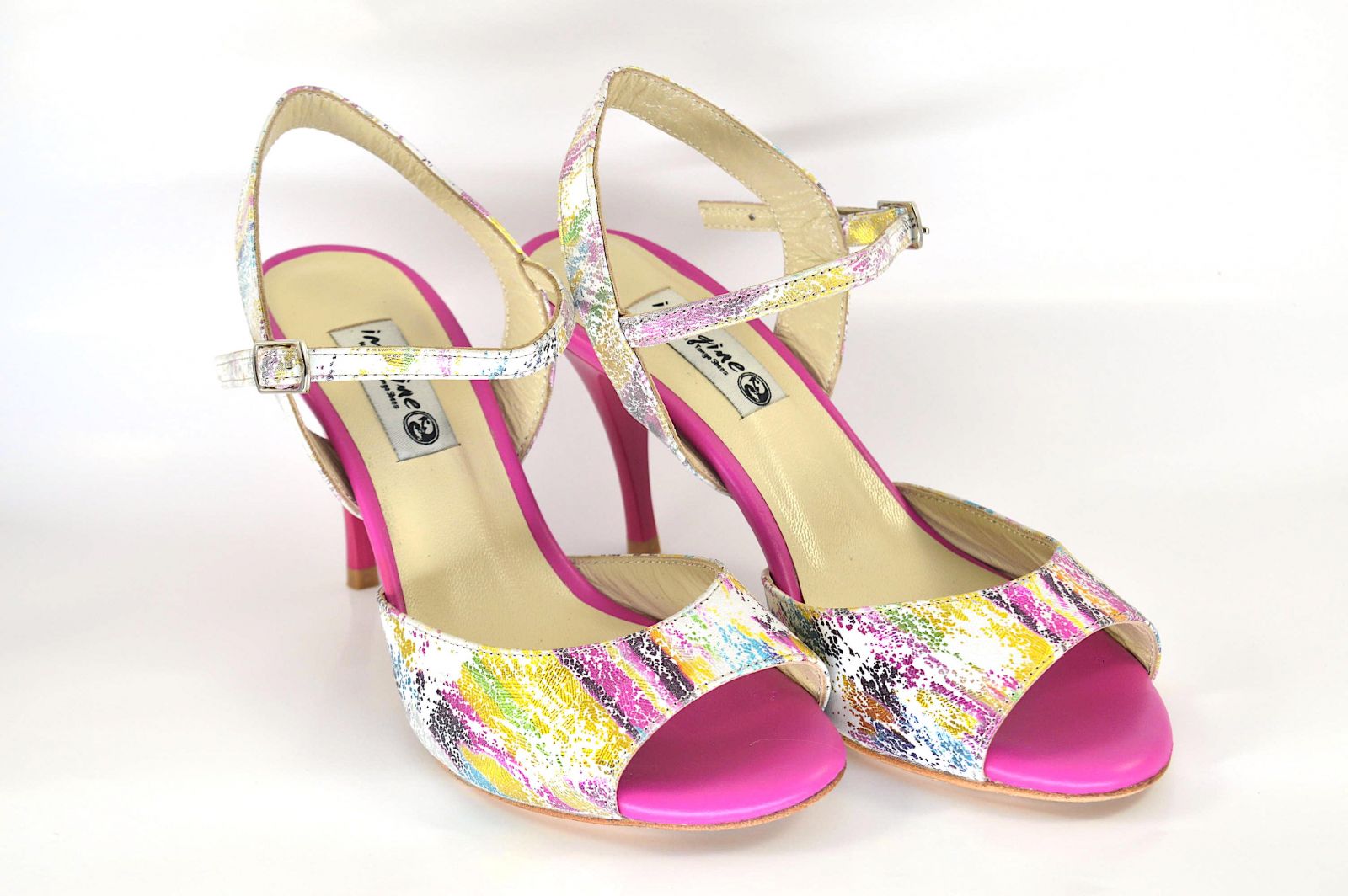 Women argentine tango dance shoes, in multi-colored and fuchsia leather