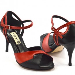 Women's Tango Shoe, peep toe style, black and red soft leather