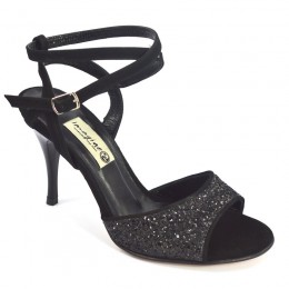 Women's Tango Shoe, open heel style, black suede leather and black glitter