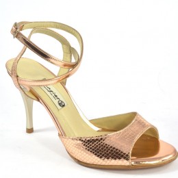 Women's Argentine Tango Dance Shoes, open heel style, by rose-gold bronze soft snake leather