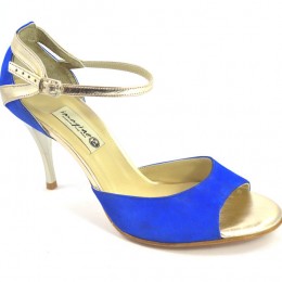 Γυναικείο παπούτσι χορού αργεντίνικου tango, open toe από μπλε σουετ και χρυσό δέρμα