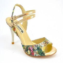 Women's Tango Shoes, open heel, in combination of floral and gold leather