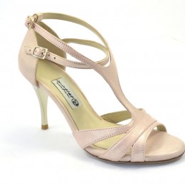 Women tango Argentine shoes, open toe in pink pearlised leather
