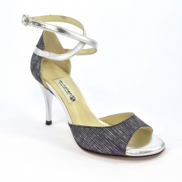 Women tango shoes, open toe in combination of black with silver stripes leather and silver leather