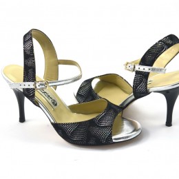 Classic open heel model, open toe, in black-silver suede leather and silver leather