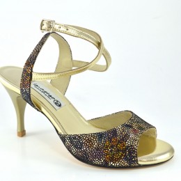 Women's Tango Shoes, open heel, in combination of floral and gold leather