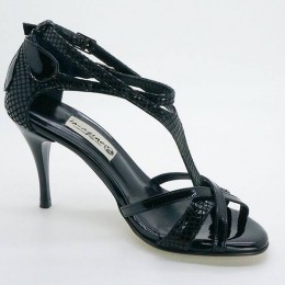 Γυναικείο παπούτσι χορού αργεντίνικου tango open toe από μαύρο φίδι και μαύρο λουστρίνι
